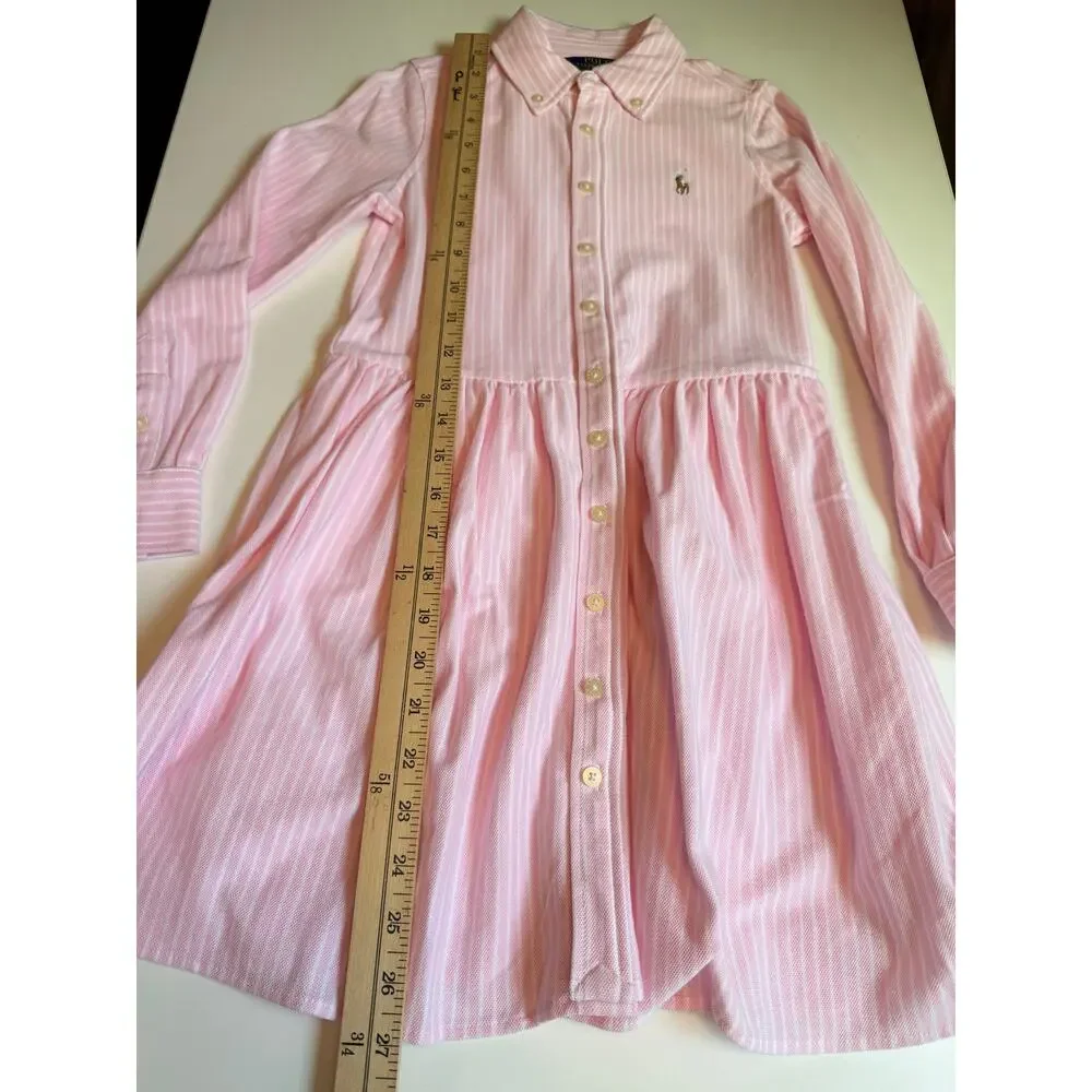 Polo Ralph Lauren Girls S/7 Button Front Oxford Shirt Dress Long Sleeve Striped